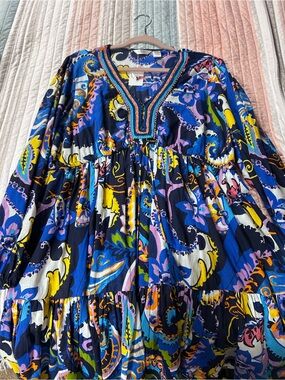 Colorful Paisley V-Neck Boho Dress - Blue & Yellow